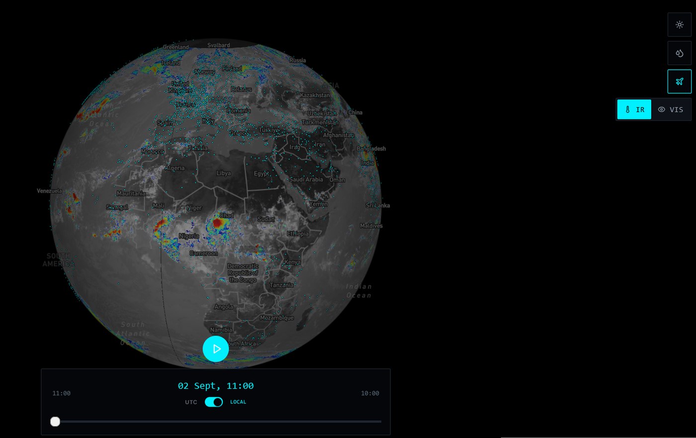 Aperçu d’une interface de lecture globale des sorties modèle : globe 3D, canaux IR/VIS, curseur temporel